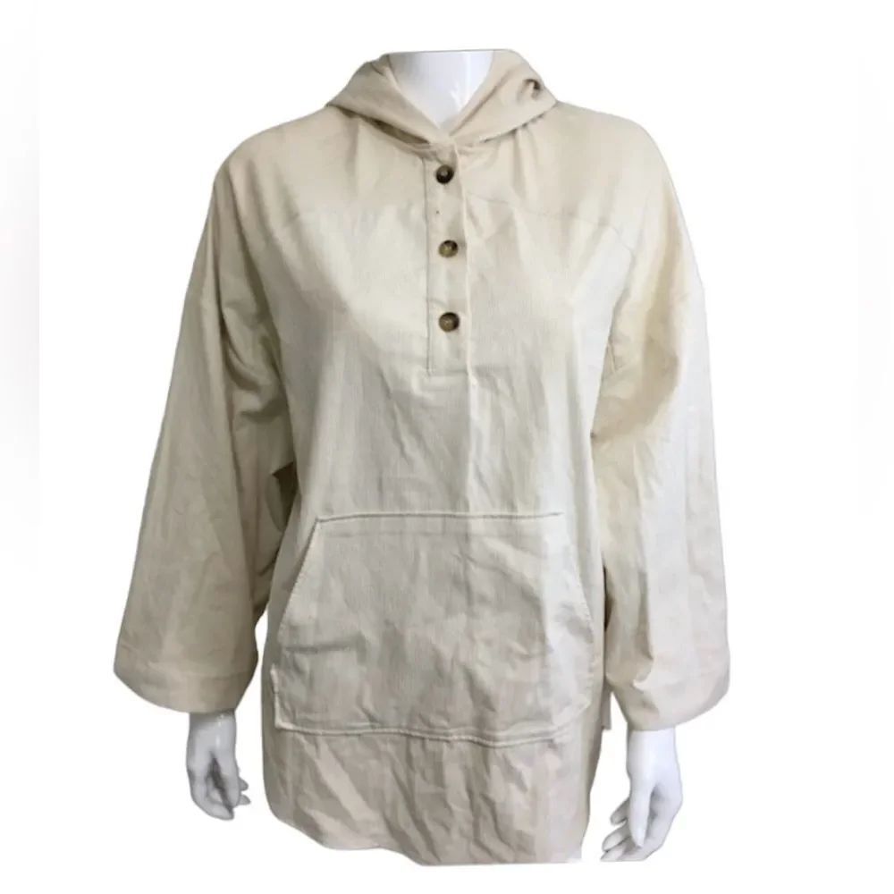 Zara Cream Oversized Hooded Fine Wale Corduroy Kangaroo Pocket Pullover Top S